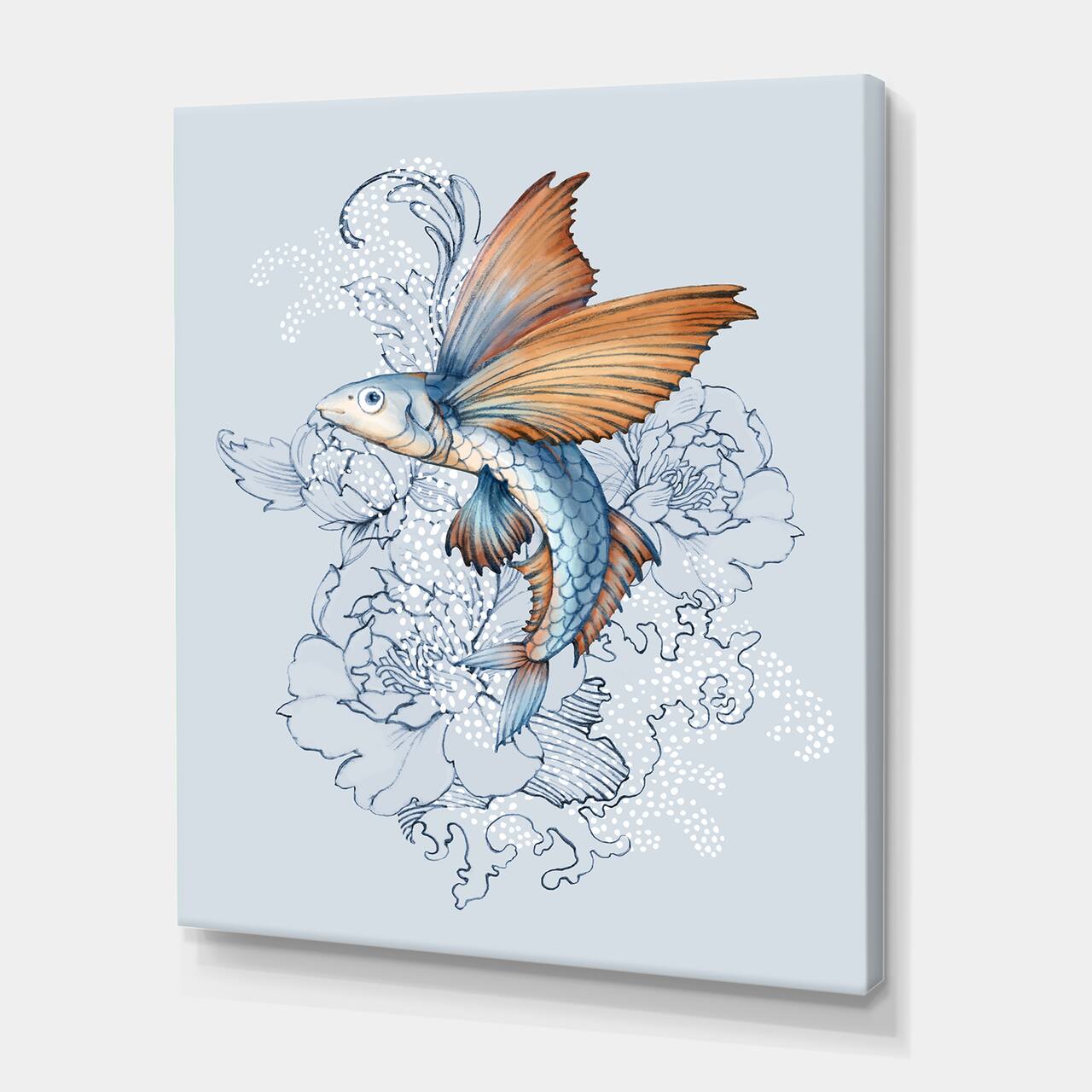 Designart - Flying Fish On Peonies - Traditional Canvas Wall Art Print